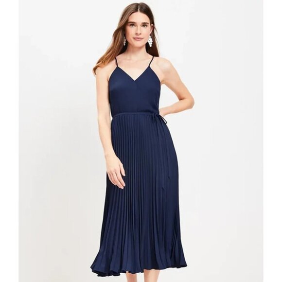 Ann Taylor LOFT Pleated Crossover Strappy Midi Dress 10 - Picture 1 of 3